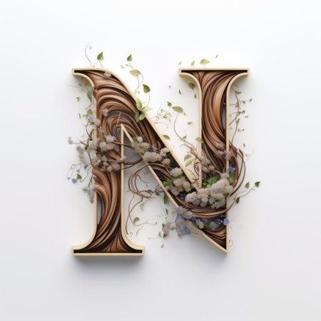 a letter "n" adorned with intricate foliage, showcasing a unique blend of realistic and fantastical elements. this artistic creation by peter lippmann features tangled nests and soft, airy compositions. inspired by the works of sebastian errazuriz, the wood is beautifully crafted with a light gold and violet color palette. ai generatedの素材