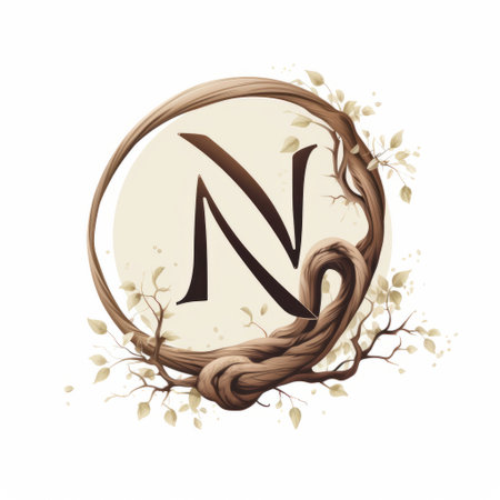 a logo featuring a realistic letter "n" intertwined with tree branches, incorporating fantasy elements. the design showcases muted, earthy tones inspired by necronomicon illustrations. delicate flora depictions add a touch of elegance, while rounded, naturalistic proportions pay homage to andre norton's work. ai generatedの素材