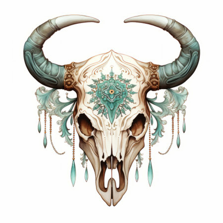 a highly detailed illustration of a skull with horns adorned with blue and green ornaments. the artwork is done in a style reminiscent of light aquamarine and beige colors, with rich layers and intricate details. the skull is set against a white background, adding to its western-style portrait aesthetic. ai generatedの素材