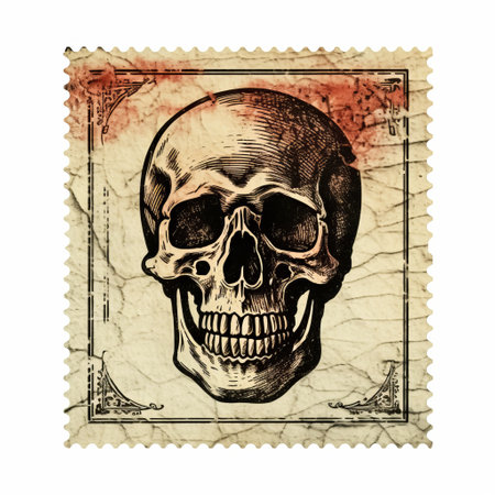 a stamp featuring a skull image, reminiscent of matte photos and textured illustrations. the design draws inspiration from the artistic style of etam cru and historical illustrations, with a touch of the macabre found in necronomicon illustrations. this unique stamp captures the essence of an associated press photo, with a crumpled effect adding an intriguing element to the overall composition. ai generatedの素材