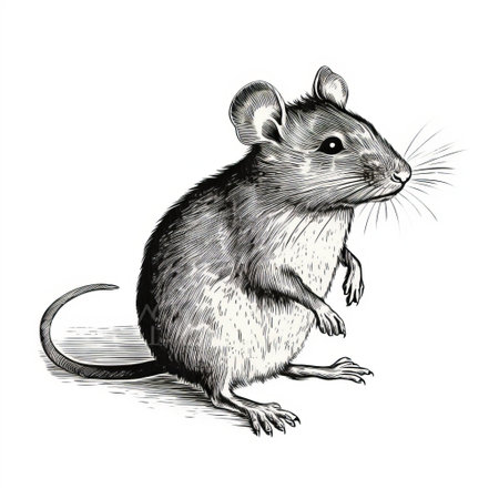 a black and white drawing of a highly detailed mouse illustration, resembling the style of a graflex speed graphic. this colorized noir comic art showcases realistic animal portraits, reminiscent of a whimsical children's book illustrator. ai generatedの素材