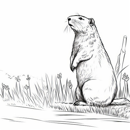 ground squirrel sketch standing on tall grass in rtx on style. black and white realism with detailed character illustrations. cabincore vibes with heavy outlines. commissioned artwork for die brucke. ai generatedの素材