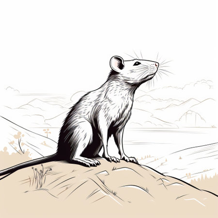 a black and white drawing of a mouse pointing over a mountain, showcasing realistic usage of light and color. the detailed background elements and pensive pose add depth to the image. the drawing is done in the style of ratcore, featuring detailed hunting scenes and high horizon lines. the bold outlines and flat colors enhance the overall visual impact. ai generatedの素材