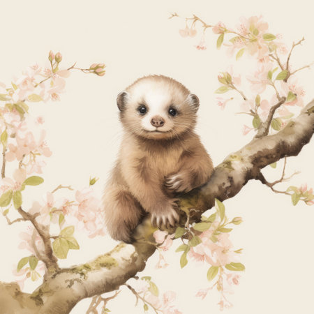 a small sloth perched on a tree branch adorned with blossoms, captured in a realistic landscape style. the image features soft, tonal colors inspired by japonisme, with hints of light magenta and beige. the sloth's shiny eyes add a touch of intrigue to this wildlife muralism piece, reminiscent of a wimmelbilder scene. perfect for a nature-themed wallpaper. ai generatedの素材