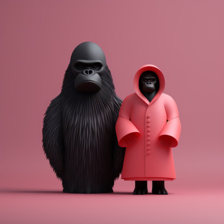 two gonzo toys, a rabbit and a bear, are showcased in a vibrant red coat against a soft pink background. this whimsical photo, created in the style of zbrush, captures familiar domestic scenes with a touch of monochromatic simplicity. the inclusion of animals and people adds a charming element to the composition. inspired by mote kei and forestpunk aesthetics, this image features minimal retouching forの素材