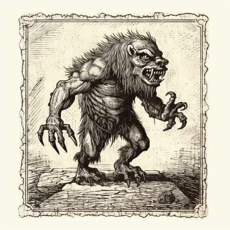 red werewolf monster illustration in the style of a vintage hand-drawn 17th-century engraving. this paleocore artwork captures the essence of 19th-century american art with its exquisite black and white details. the holotone printing technique adds depth to the exaggerated caricature, reminiscent of filthy sculptures. ai generatedの素材