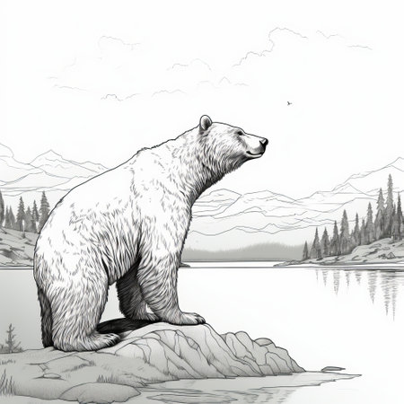 a black and white drawing of a polar bear, created by patrick brown in a tranquil landscape style. the detailed character illustration showcases clean and sharp inking, with a high resolution of 8k. this artwork, inspired by prehistoricore, captures the majestic presence of the polar bear in stunning detail. ai generatedの素材