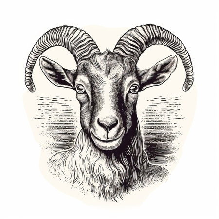 a detailed engraved illustration of a goat with prominent horns on its head, showcasing a strong facial expression. this artwork, reminiscent of the style seen in portraits by artists like rashad alakbarov and cicely mary barker, captures the essence of psychological phenomena through its intricate depiction. ai generatedの素材