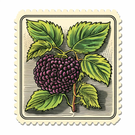 a blackberry stamp, a vector illustration, is showcased on a clean white background. the design draws inspiration from the mid-century illustration style of tom killion, as well as the photorealistic still lifes of jan davidsz de heem. ai generatedの素材