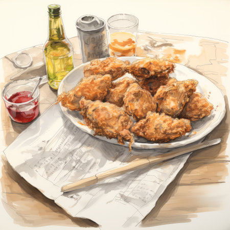 plate of chicken tenders on wooden table near bottles, captured in a speedpainting style. the detailed sketching technique adds depth to the shin hanga-inspired editorial illustration. the crumpled texture and post-painterly elements give it a unique mcdonaldpunk aesthetic. ai generatedの素材