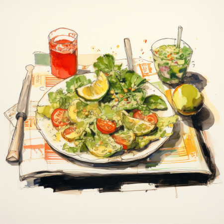a highly detailed watercolor illustration by mark lague depicts a vibrant tableau of a salad and a glass of glass. in the style of theo prins, this editorial illustration showcases lively colors of light green and red. ai generatedの素材