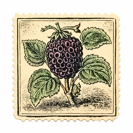 a blackcurrant stamp featuring a leaf, reminiscent of mid-century illustration from the san francisco renaissance era. the stamp is captured with the vibrant tones of kodak portra film, showcasing a cranberrycore hue. this design pays homage to 19th-century british post-war illustrations, combining elements of nostalgia and artistic flair. ai generatedの素材
