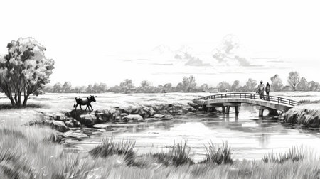 the tegmu park bridge is beautifully captured in this black and white artwork. created in the style of serene pastoral scenes, the artwork showcases shades of gray and brown, providing a calming atmosphere. with its 8k resolution, every detail of the bridge is brought to life. the artwork also features the depiction of animals and horizons, adding a touch of nature. the staining technique usedの素材