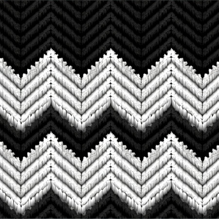 black and white chevron pattern for knitter embroidery on black paper, featuring a distorted and fragmented style reminiscent of charles e. burchfield's artwork. the design showcases gradient color blends and meticulous attention to texture, particularly in fur and feathers. inspired by the artistic influences of werkstatte and bryce 3d, the pattern is enhanced with decorative borders. ai generatedの素材