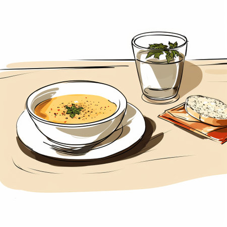 a bowl of soup on a plate with bread, depicted in highly detailed illustrations. the beige and amber tones add a touch of urban grittiness to these editorial-style painted illustrations. the high resolution and clear edge definition make the image visually captivating. ai generatedの素材