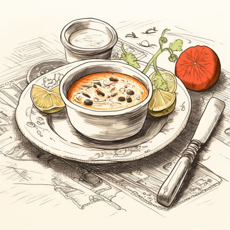a highly detailed illustration of a plate of soup is showcased on a table in this sketch. the orange and beige tones add warmth to the scene, while the use of the voigtlander brilliant camera captures the intricate textures. this artwork resembles illustrated advertisements with its exotic and hyperrealistic style. ai generatedの素材