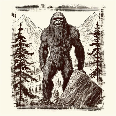 sasquatch and large bear standing on a rock, captured in a vintage poster design style. the topographical sketches and screen printing techniques add a unique touch to this high-quality photo. both creatures are depicted in full body, showcasing their strong facial expressions. this image beautifully combines the elements of metropolis and nature. ai generatedの素材