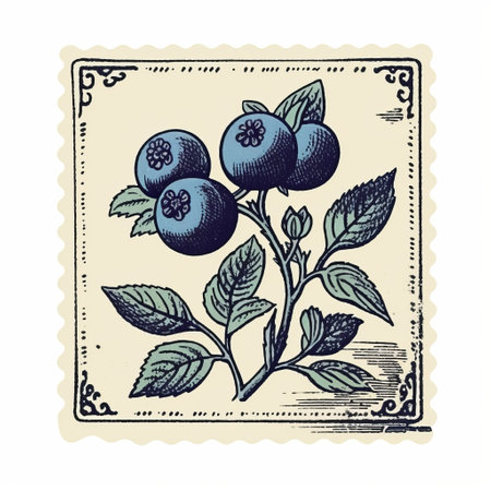 blueberries with leaves and vines vintage art deco artwork vector illustration, in the style of polaroid transfer. this piece captures the essence of chuah thean teng's british post-war handcrafted objects, with a touch of feminine sticker art and tattoo inspiration. the intricate details and vibrant colors pay homage to the iconic thomas nast. ai generatedの素材