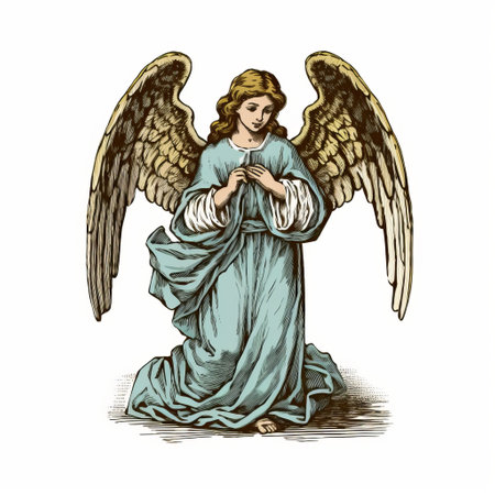 an angel with wings depicted in a nostalgic illustration style. the dignified poses and detailed engraving bring out the beauty of this artwork. the light turquoise and dark gold colors add a touch of elegance. the angel's theatrical gestures and biblical iconography make this piece truly captivating. it is reminiscent of psychological phenomena illustrations. ai generatedの素材