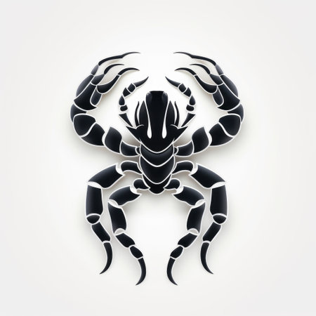 the pan cardinal scorpion symbol is featured on a white background, showcasing an ominous vibe with striking symmetrical patterns. the design incorporates light white and dark navy colors, creating luminous shadows. the overall aesthetic is exotic and realistic, with a strong emphasis on black and gray tones. ai generatedの素材
