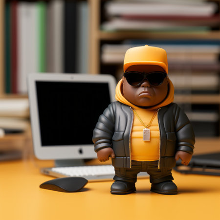a hip hop-themed teddy bear toy is showcased in this photo, featuring hyper-realistic details created in the style of ray tracing. the artistic portrayal, inspired by aaron douglas' social media portraiture, combines technological design with black and amber color scheme. this studyplace captures the essence of hip hop culture with its vibrant and visually striking elements. ai generatedの素材