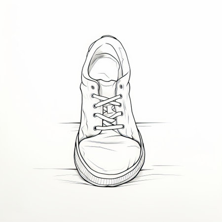 a white sneaker with laces is depicted in this split-toning style drawing. the clean and sharp inking technique enhances the details of the shoe. captured with a wide-angle lens, the image showcases the sneaker against a white background, creating a juxtaposition of hard and soft lines. the overall tone of the drawing is humorous. ai generatedの素材