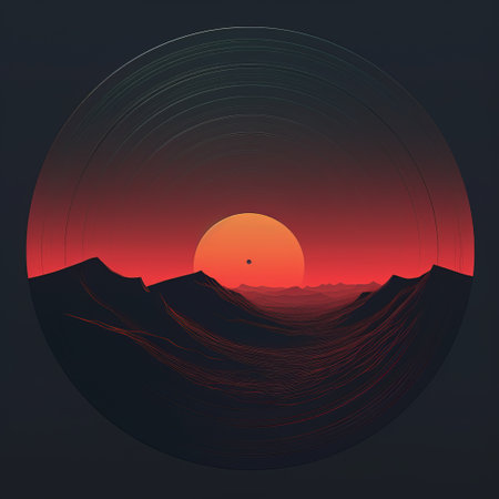 a large dark frame captures a stunning sunrise over majestic mountains, reminiscent of musical color fields. this graphic design-inspired illustration, shot with a fisheye lens, showcases intricate minimalism. the composition exudes a unique tumblewave aesthetic, with a vibrant palette of red and cyan, creating a mesmerizing blend of realistic landscapes. ai generatedの素材