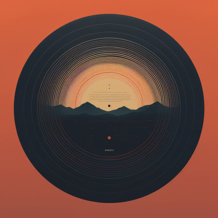 a music graphic digital artist's website showcasing the work of the man with the golden voice. the artwork features minimalist landscapes with circular shapes, vibrant and colorful moebius designs, precise topography, and a palette of dark orange and pink. the graphics are inspired by woodcuts, exuding a sense of serenity and harmony. ai generatedの素材
