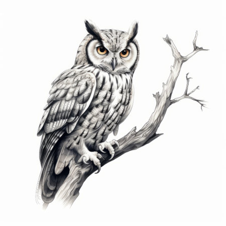 an owl perches on a wooden branch in a black and white watercolor style. the realistic lifelike figure of the owl is beautifully captured, showcasing the intricate details of its feathers. the artgerm technique adds depth and texture to the illustration, with contrasting shades of dark white and amber enhancing the overall composition. ai generatedの素材