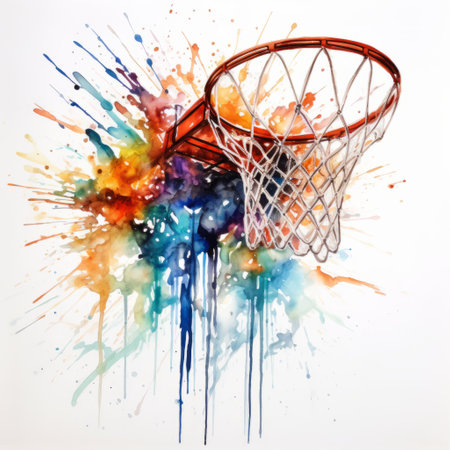 a watercolor basketball hoop drawing on a white background, showcasing a unique blend of realistic and fantastical elements. this artwork is inspired by the gutai group and the american barbizon school, created by the talented artist bess hamiti. the contest-winning piece features a paint dripping technique that adds depth and texture, while also incorporating infused symbolism. ai generatedの素材