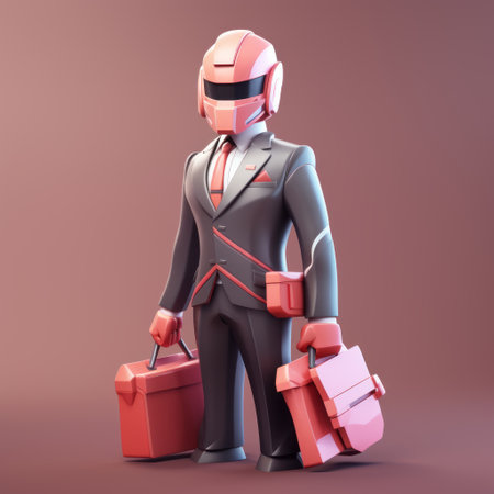 a businessman character with briefcases, depicted in a surreal cyberpunk style of iconography. the artwork showcases a blend of light pink and red tones, reminiscent of the vibrant cyberpunk aesthetic. created by the talented artist atey ghailan, known for his hard edge painting style and mechanized precision. this unique piece of art captures the essence of the duckcore movement, merging various elements to create aの素材