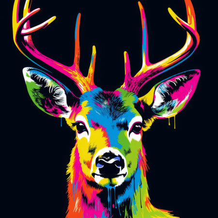 a colorful hd photo of a funny deer painting, in the style of butcher billy, with a vibrant use of color and a black background. this deer wallpaper showcases the masterful spray paint technique of marc quinn, reminiscent of chromatic post-impressionism and silkscreen art. ai generatedの素材