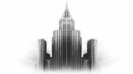 futuristic buildings vector with a price of 1 credit usd 1. the design showcases a dark silver and white color scheme, combining art deco elegance with a touch of marvel comics inspiration. the image features multiple exposure and symmetric compositions, resulting in a pseudo-realistic depiction. the overall aesthetic is reminiscent of the captivating style of midwest gothic. ai generatedの素材