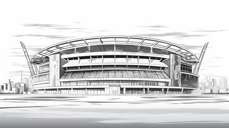 a sketch of a stadium in the expressive manga style, featuring low-angle shots and a gray color palette. this artwork captures the essence of tonga, showcasing impressive panoramas and a touch of royalcore with silver and bronze accents. ai generatedの素材