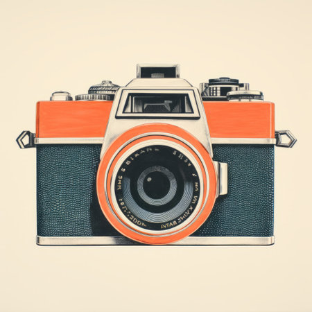 an orange camera, reminiscent of vintage poster style, is showcased on a clean white background. this photographically detailed portrait captures the essence of minimalist portraits with its bold lines, dynamic colors, and detailed texture. the vintage sepia-toned photography adds a touch of nostalgia to this realistic anamorphic art piece. ai generatedの素材