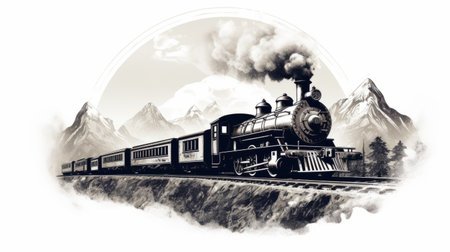 white old locomotive steam train in the mountains with snow, featuring a graphic design-inspired illustration style reminiscent of the san francisco renaissance. the black and gray color scheme adds a vintage touch, while digital enhancements bring out the details. this scene evokes a sense of nostalgia, blending elements from the western zhou dynasty, classic american cars, and the iconic graflex speed graphic camera. ai generatedの素材