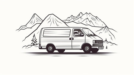 a van is depicted in an isolated line illustration, set against a backdrop of majestic mountains. the illustration is created in the style of detailed ink illustrations, featuring simplistic characters reminiscent of peter bagge's work. the use of automatic drawing techniques adds a touch of spontaneity to the simplified yet captivating provia illustration. ai generatedの素材