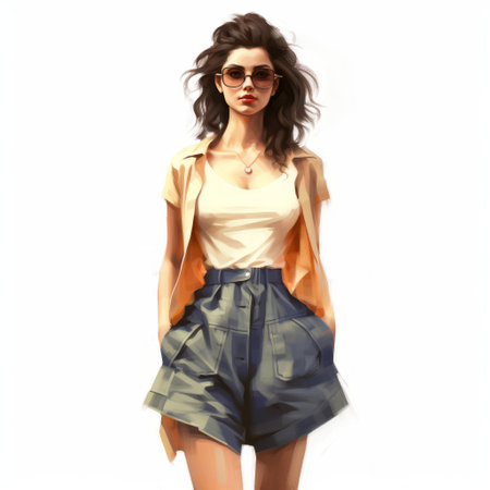a woman in a short skirt stands confidently in the sun, captured in a hyper-realistic portrait style. this fashion illustration by trish mistric showcases creased details and high resolution. the vibrant colors of light orange and dark azure, expertly captured by omri koresh, add depth and intensity to the image. ai generatedの素材