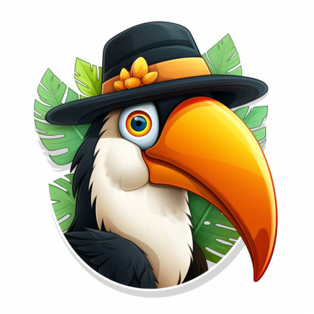 a toucan wearing a hat icon, featuring a realistic hyper-detailed rendering and inventive character design. this naturalist-inspired artwork is perfect for websites or 2d game art, providing a birds-eye-view of a handsome toucan sporting a stylish hat. ai generatedの素材