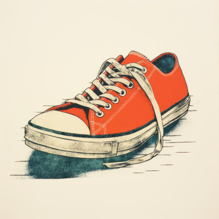 retro sneakers by david eilmington featuring red laces on canvas. this vintage poster illustration, in the style of split toning and cross-hatching, captures the essence of psychological phenomena illustrations. reminiscent of the works of oliver jeffers, the vibrant orange hues and low-angle perspective make this 1st edition artwork a standout piece. ai generatedの素材