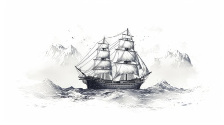 a detailed ink illustration of a ship sailing in the sea, surrounded by water and mountains. this uhd image showcases a dark, white, and gray color palette, with intricate character illustrations. the nostalgic and multilayered realism of this ink-washed painting adds depth and texture to the artwork. ai generatedの素材