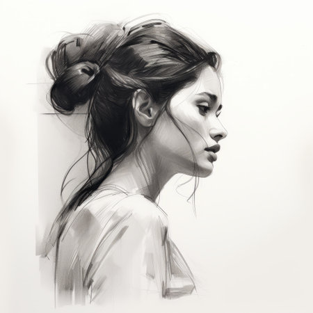 a girl in a sideways position is depicted in this 32k uhd image. the pencil sketch showcases a realistic hyper-detailed portrait with loose, gestural strokes. the expressive character designs and tonal palette create a strong contrast between light and dark, reminiscent of the gongbi style. ai generatedの素材