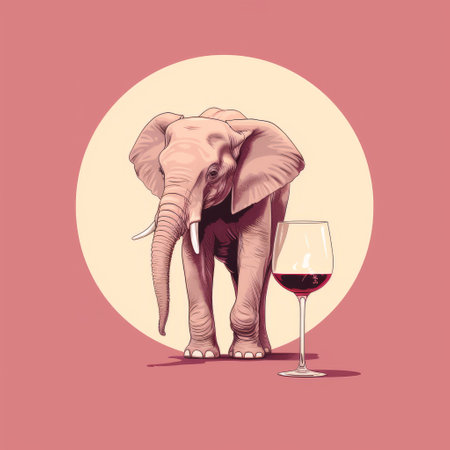an elephant wearing glasses of wine stands out in this playful composition. the style of the illustration is a mix of light red and dark crimson, creating a poignant and rounded depiction of animals. the realistic color palette adds to the editorial feel of the illustration, making it perfect for various editorial illustrations. ai generatedの素材