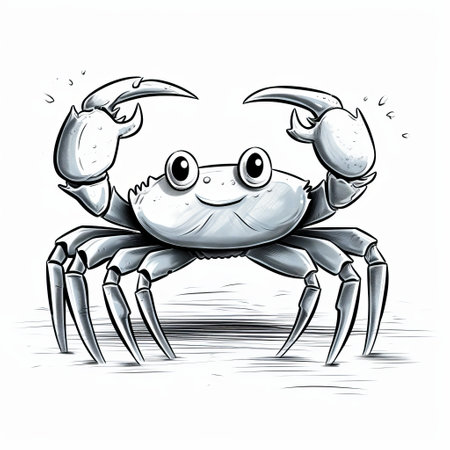 a hand-drawn illustration of a crab with short legs, depicted in a light gray style. the detailed character illustration showcases high-contrast shading and a strong facial expression. the use of an aquamarine color palette adds a unique touch, while the fish-eye lens perspective adds depth. the overall style is reminiscent of necronomicon illustrations. ai generatedの素材