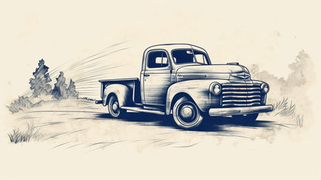 an old truck is depicted in this vintage-style illustration, showcasing dynamic motion and a combination of indigo and beige tones. the artwork features intricate crosshatching and precisionist lines, capturing the essence of black and white realism. the playful character design is enhanced by flowing lines, creating a unique and captivating visual. ai generatedの素材