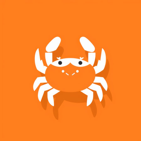 orange crab on an orange background with white squares, featuring a flat illustration style. the simplistic character showcases a strong facial expression. this editorial illustration is reminiscent of minimalist graphic design and necronomicon illustrations, resembling animal figurines. ai generatedの素材