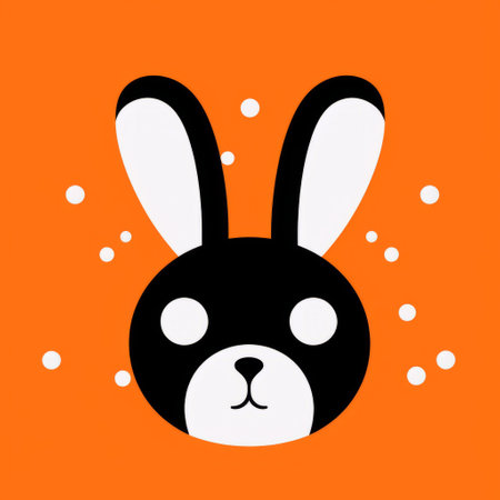 a rabbit icon, in a minimalist black and white style, is featured on an orange background. this kawaii depiction of animals combines realistic and fantastical elements, creating a colored cartoon style. the image can be found on flickr, with a black background adding to its visual appeal. ai generatedの素材