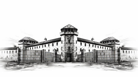 a prison with open gates, depicted in a photomontage style against a white background. the image showcases caravaggesque chiaroscuro, structural symmetry, and a realistic rendering. this panoramic-scale photograph, reminiscent of an associated press photo, captures the essence of the prison's atmosphere. ai generatedの素材