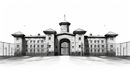 a black and white drawing of a towering prison building, featuring arched doorways and a wide-angle lens perspective. the illustration is done in the style of high dynamic range, low poly, and watercolorist techniques. the artist skillfully captures the historical essence of the building, using realistic light and color. ai generatedの素材