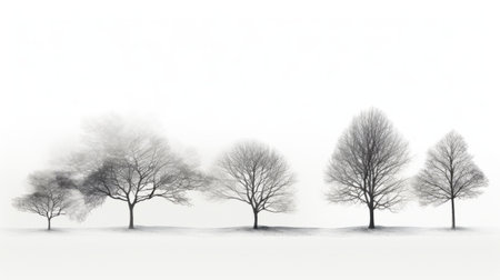 black and white conceptual digital art photo capturing minimalist objects and delicately rendered landscapes. the image showcases trees in the snow, with translucent layers and a panoramic scale, all in 8k resolution. the photo also features minimalistic portraits, creating a visually stunning and artistic composition. ai generatedの素材